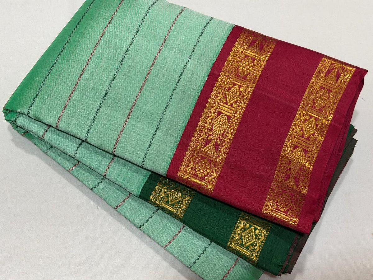 Pastel mint green handwoven pure silk Kanjivaram rettapet saree with Ganga-Jamuna borders, view 6