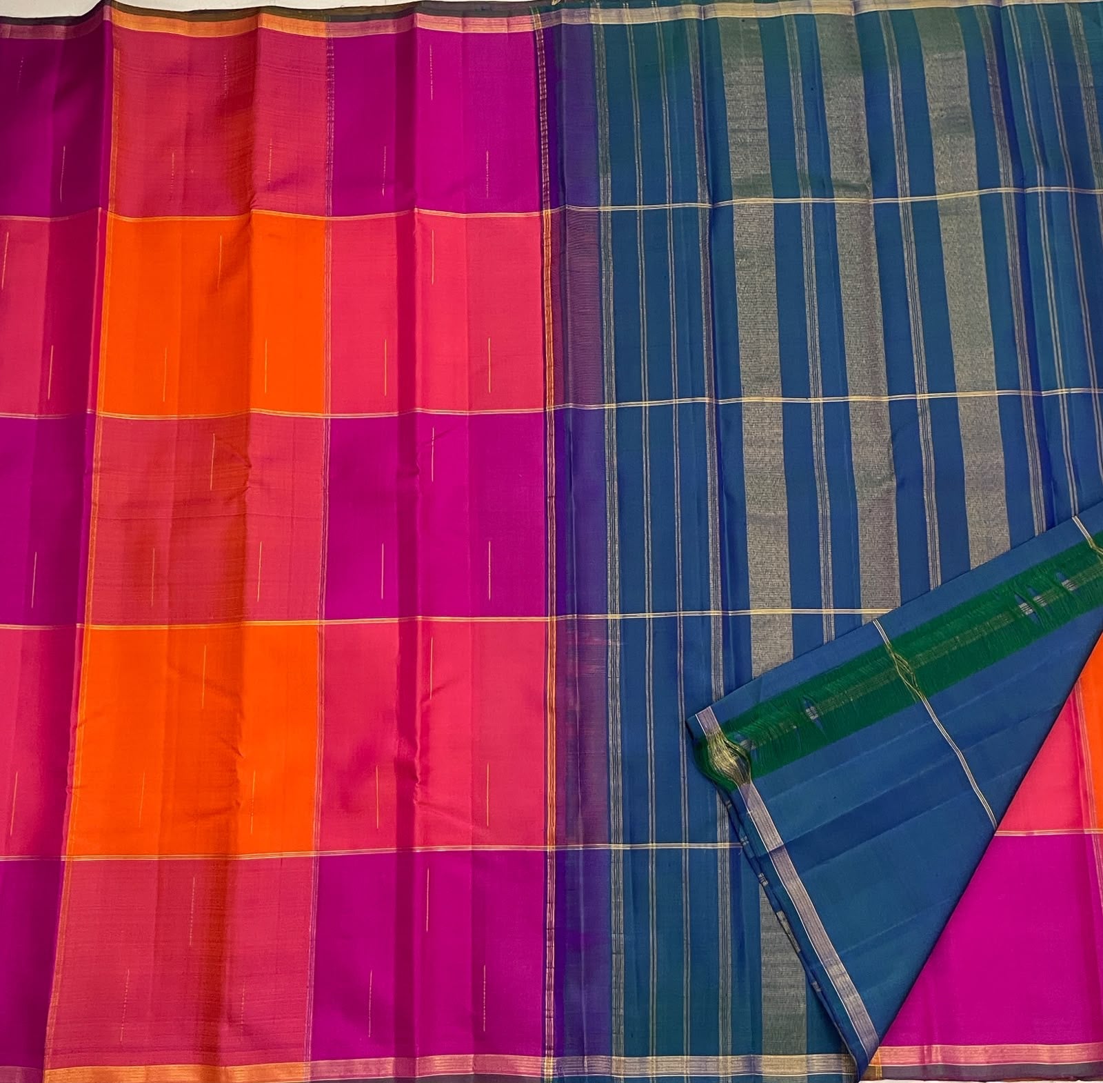 Handwoven pure silk Paalum Pazhamum saree with large checks, folded view
