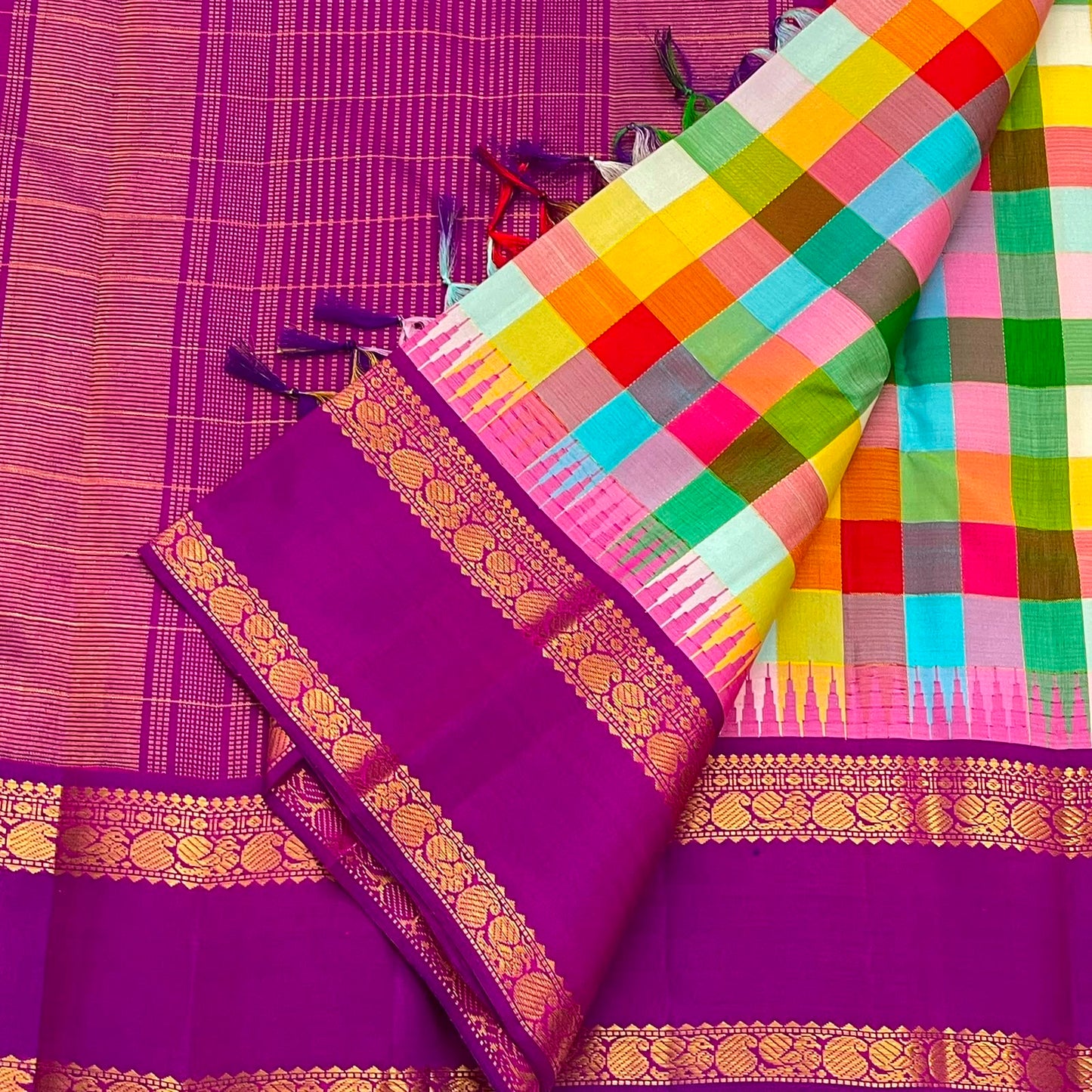 Handwoven pure silk Paalum Pazhamum saree with royal purple border, close-up