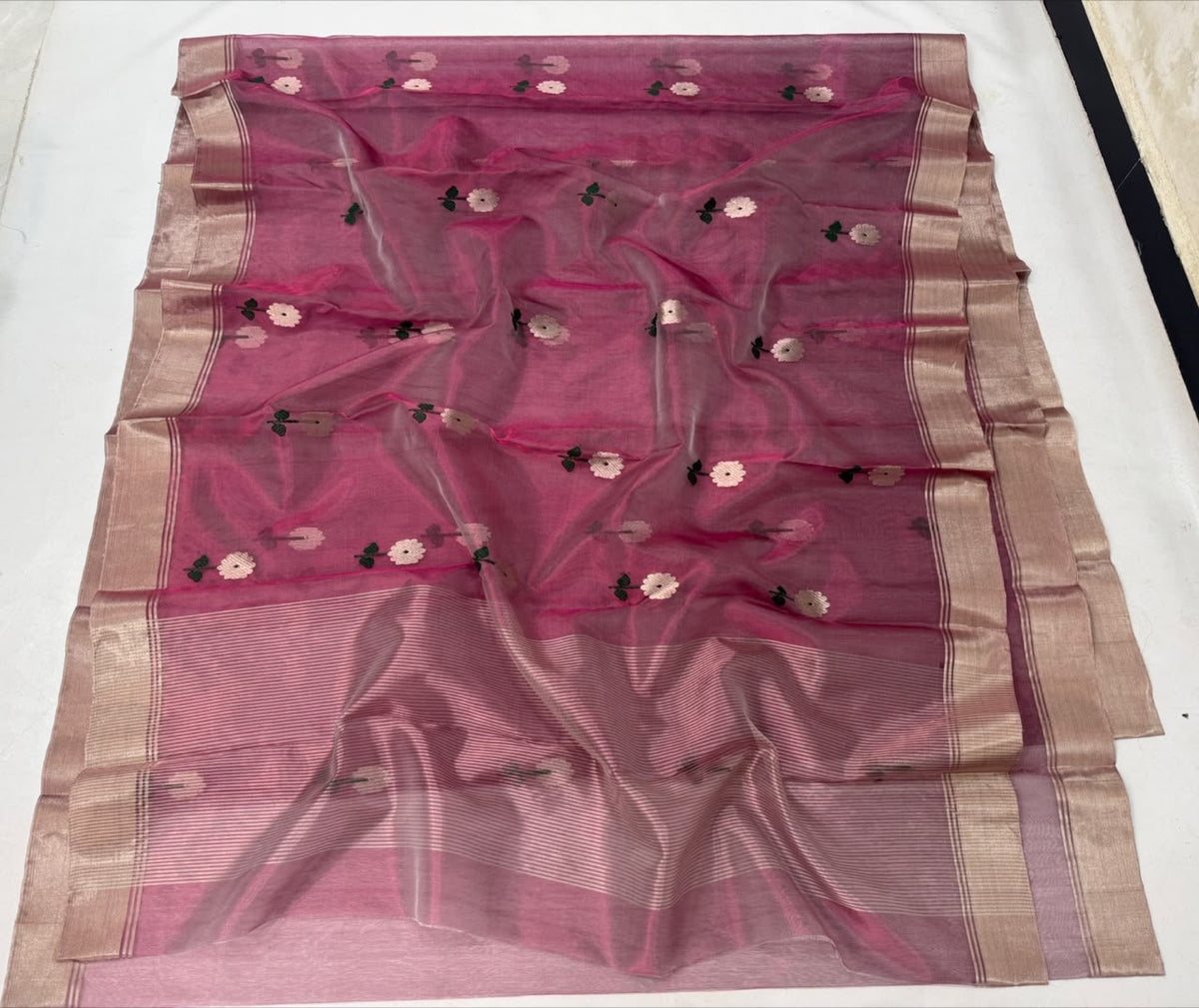 Pattu Silk Chanderi saree showing broad woven border