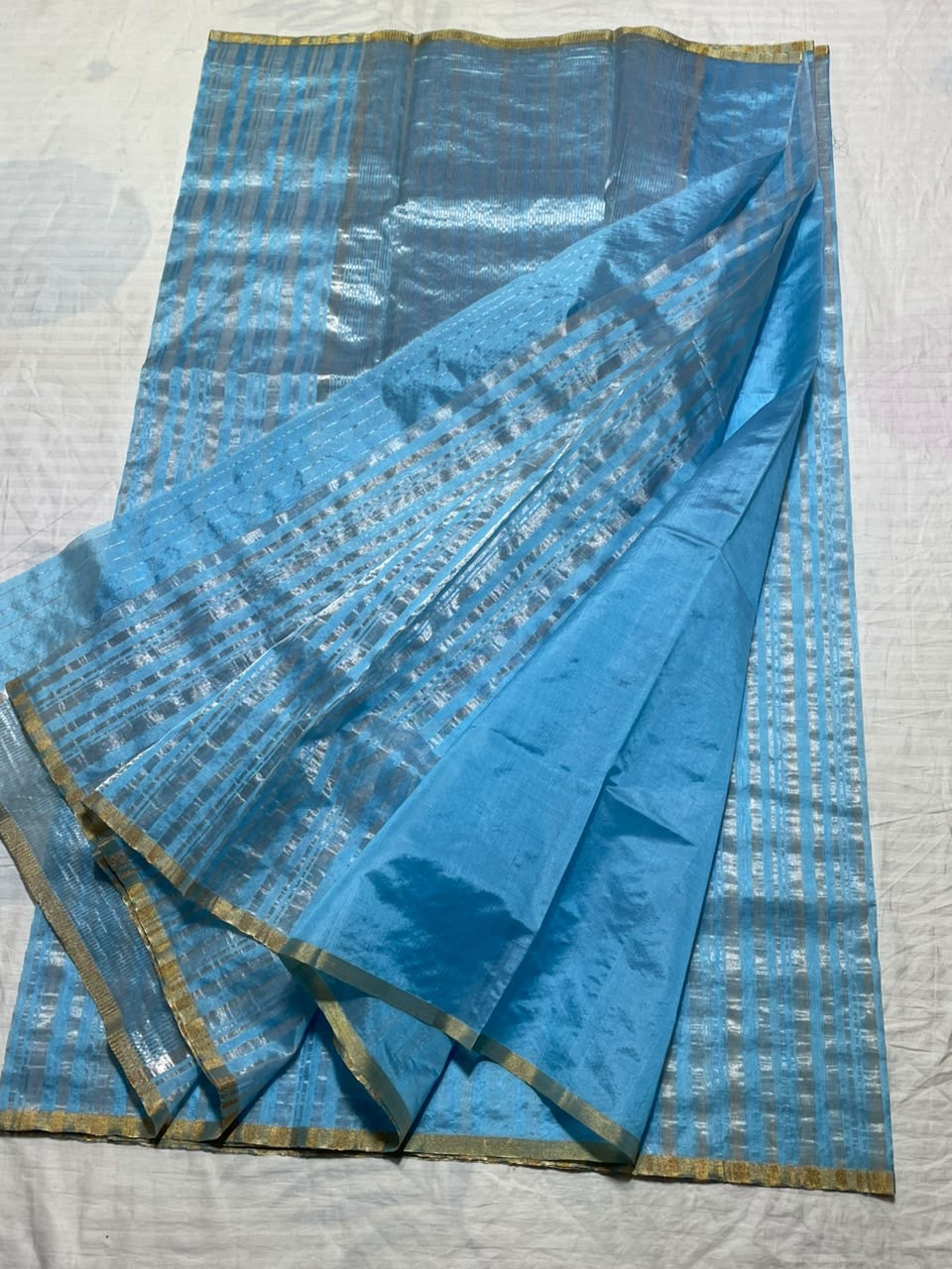 Ramar Blue Chanderi saree with silver-toned border lines