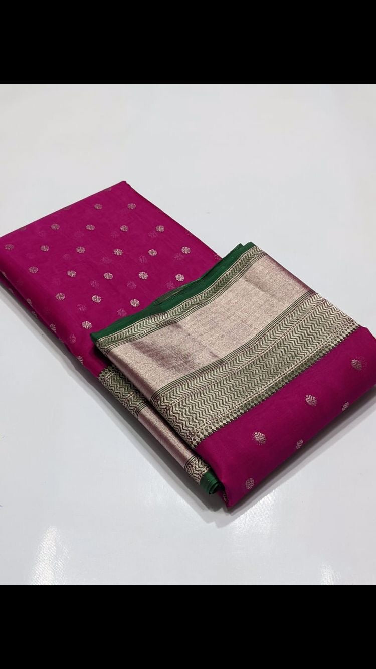 Rani pink Chanderi saree with pale metallic border