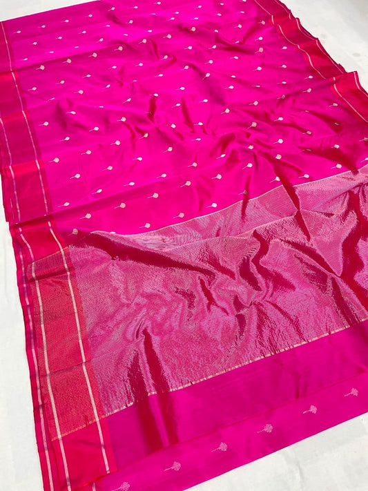 Handwoven Rani pink Chanderi saree with zari buttas across the body