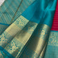 Raspberry Pink pure silk Kanjeevaram saree, Korvai weave with Peacock Teal Zari border — border detail