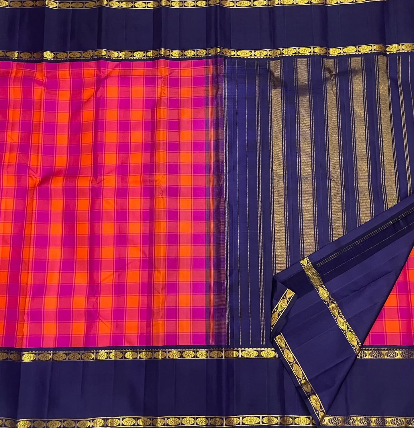 Raspberry Pink and Orange Handwoven Pure Silk Kanjeevaram Saree with Kanchi Kattam and Navy Rettapet Border