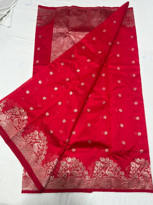 Deep red handwoven Pattu Silk Chanderi saree