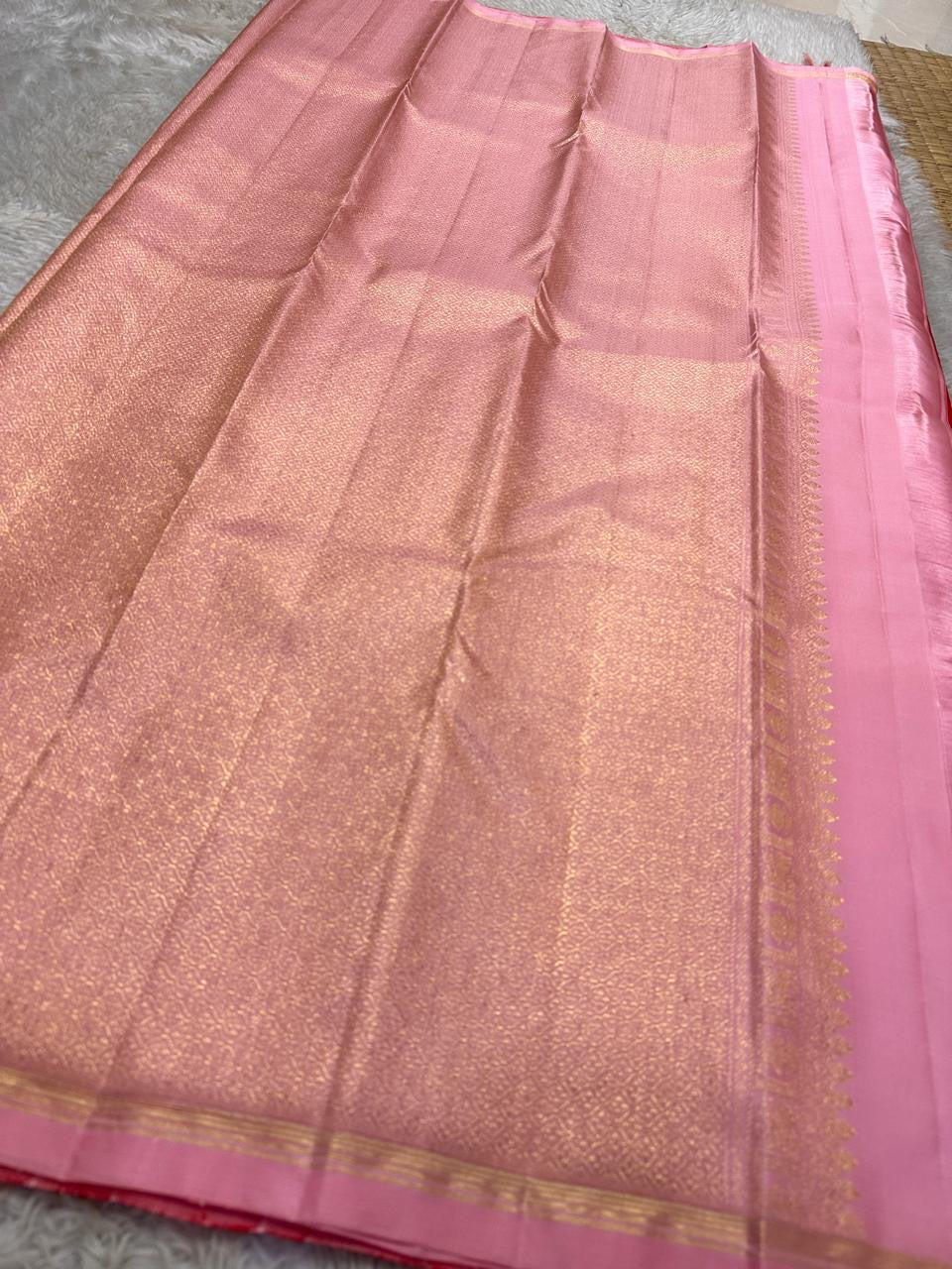 Red Handwoven Pure Silk KanchiPattu Butta Saree with Gandaberunda Gold Zari Motifs and Pink Border