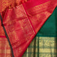 Red handwoven Pure Silk Kanchipuram saree with green-thread Meenakari Kamalam buttas, gold zari border and green selvedge, border detail