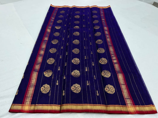 Deep blue Chanderi silk saree with traditional gold zari detailing