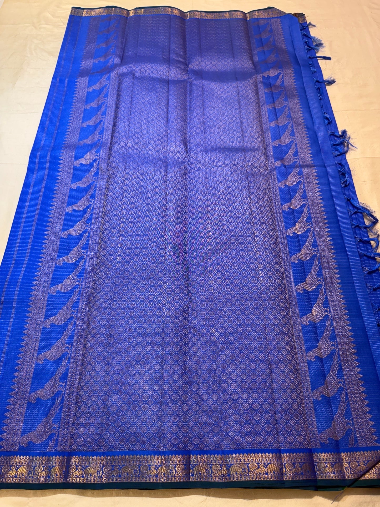 Handwoven royal blue Kanjeevaram silk saree — Vairaoosi zari line detail, Silk Mark certified