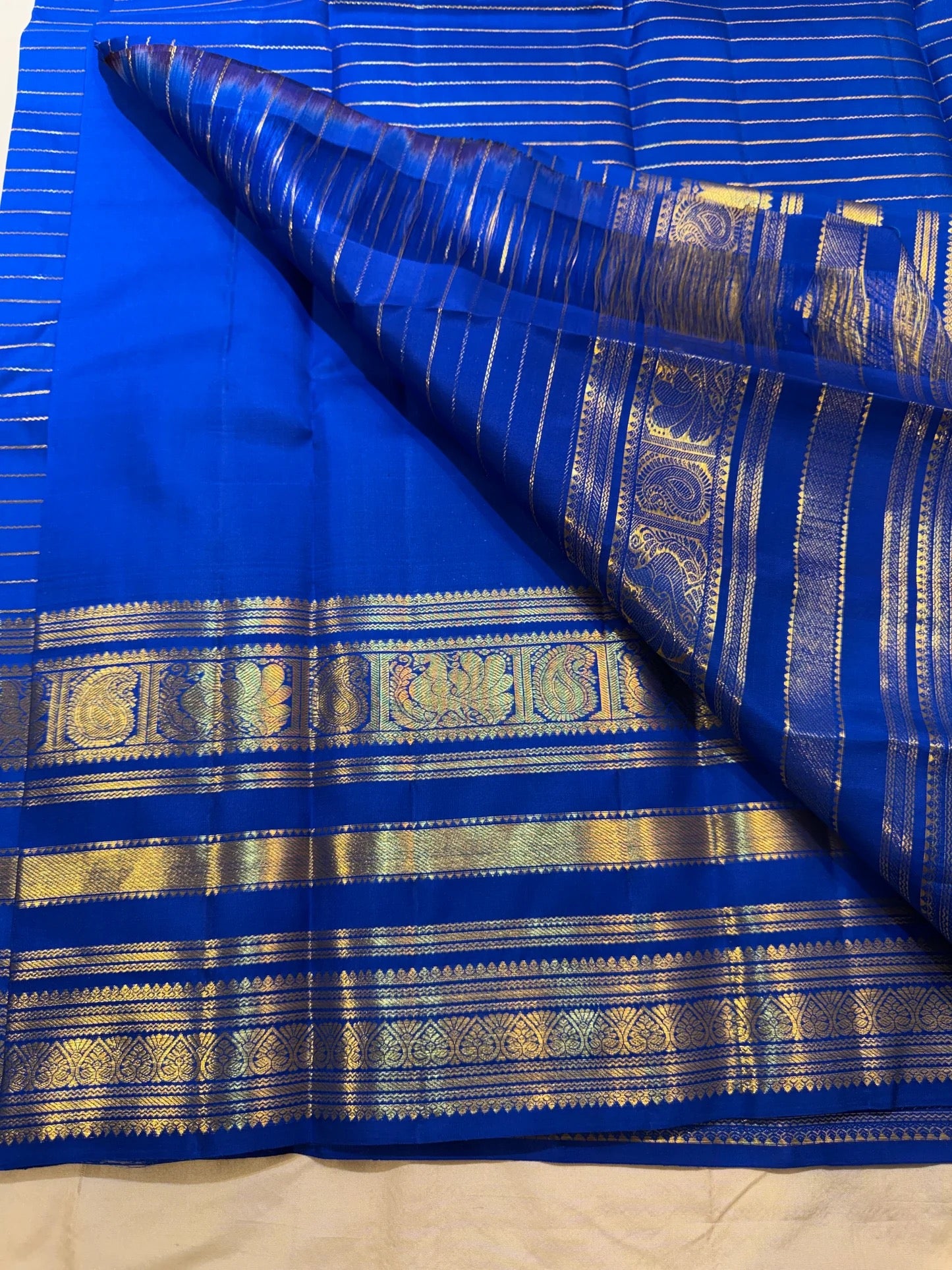 Handwoven royal blue Kanjivaram silk saree — Vairaoosi zari line detail, Silk Mark certified