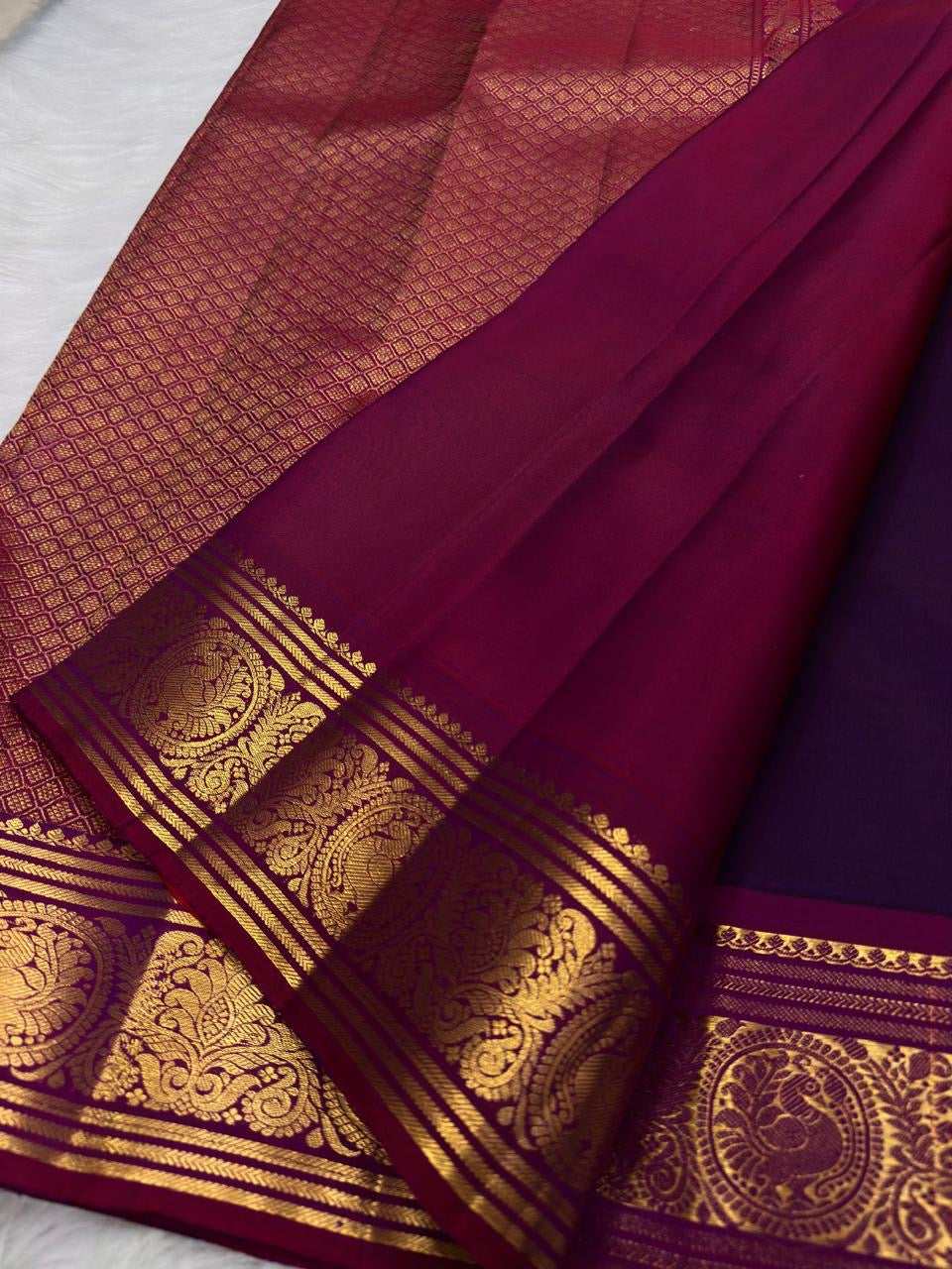 Handwoven royal purple Kanjipuram saree, full drape
