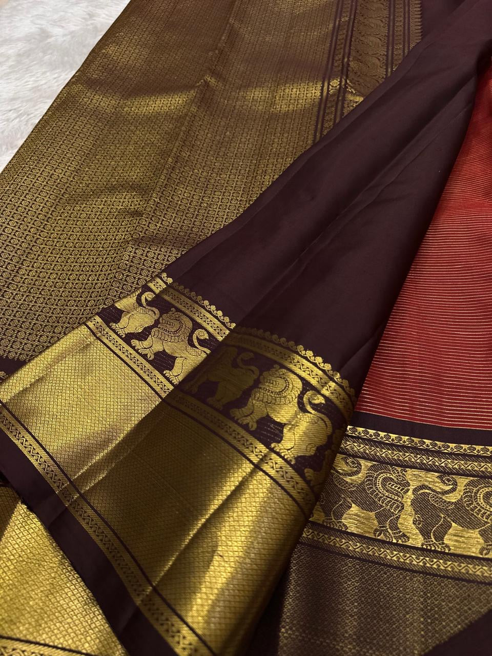 Handwoven rust red Vairaoosi Kanchi Pattu saree, full drape