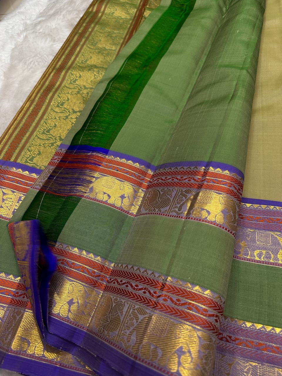 Handwoven sage olive Kanjivaram saree, full drape