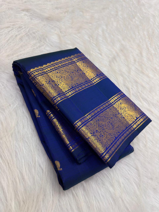Handwoven Royal Sapphire Blue Kanchipuram saree Kamalam Mayil butta detail