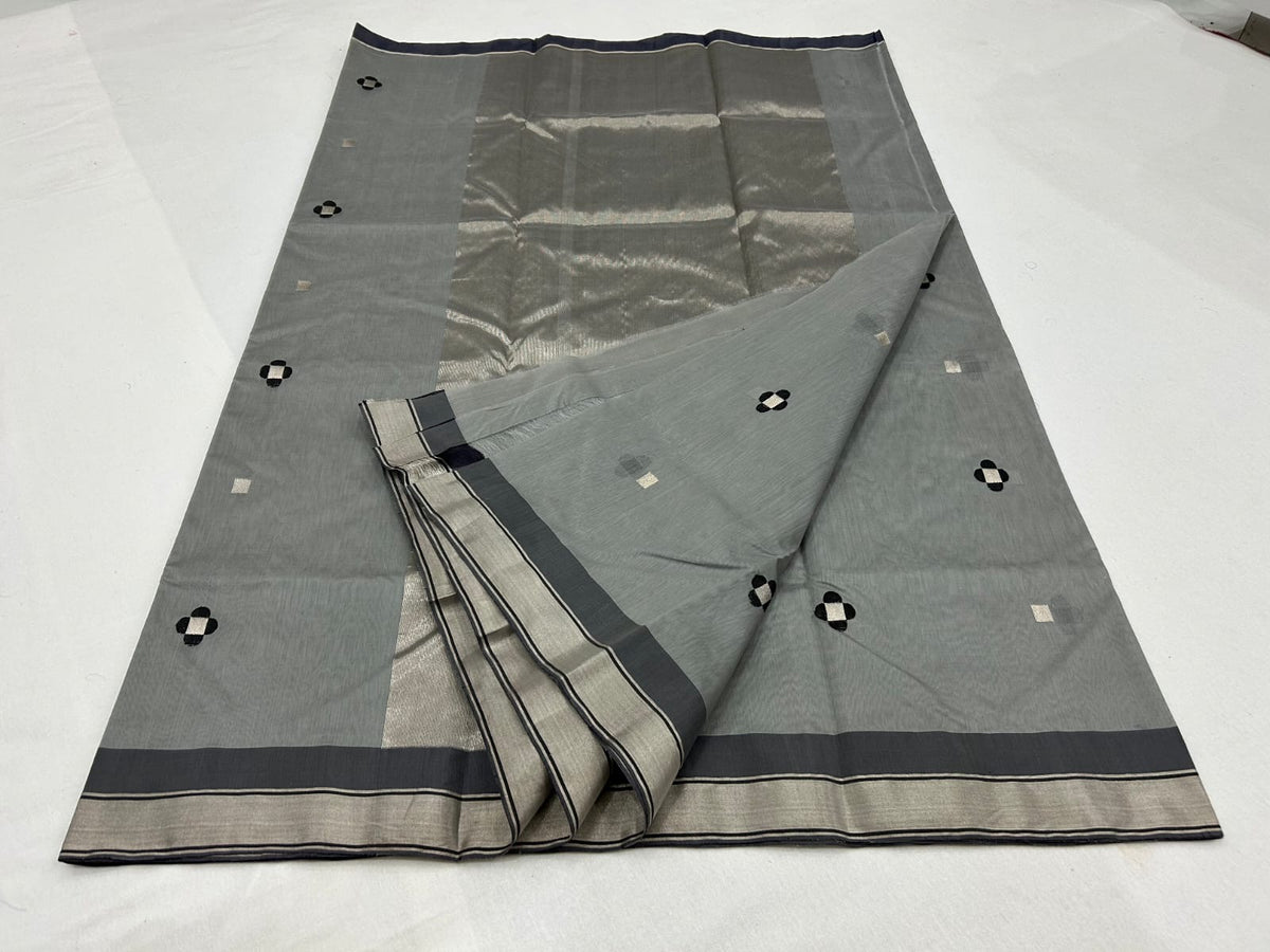 Handwoven grey Chanderi saree with metallic silver border