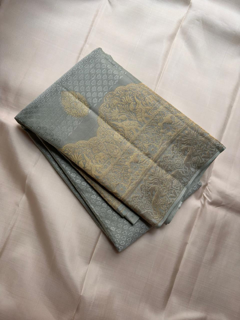 Handwoven silver grey Kancheepuram silk saree, Idam Living