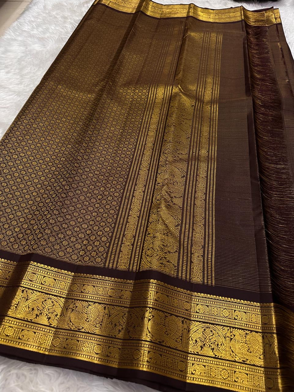 Deep Espresso Brown pure silk Kancheepuram saree — vairaoosi zari lines, draped