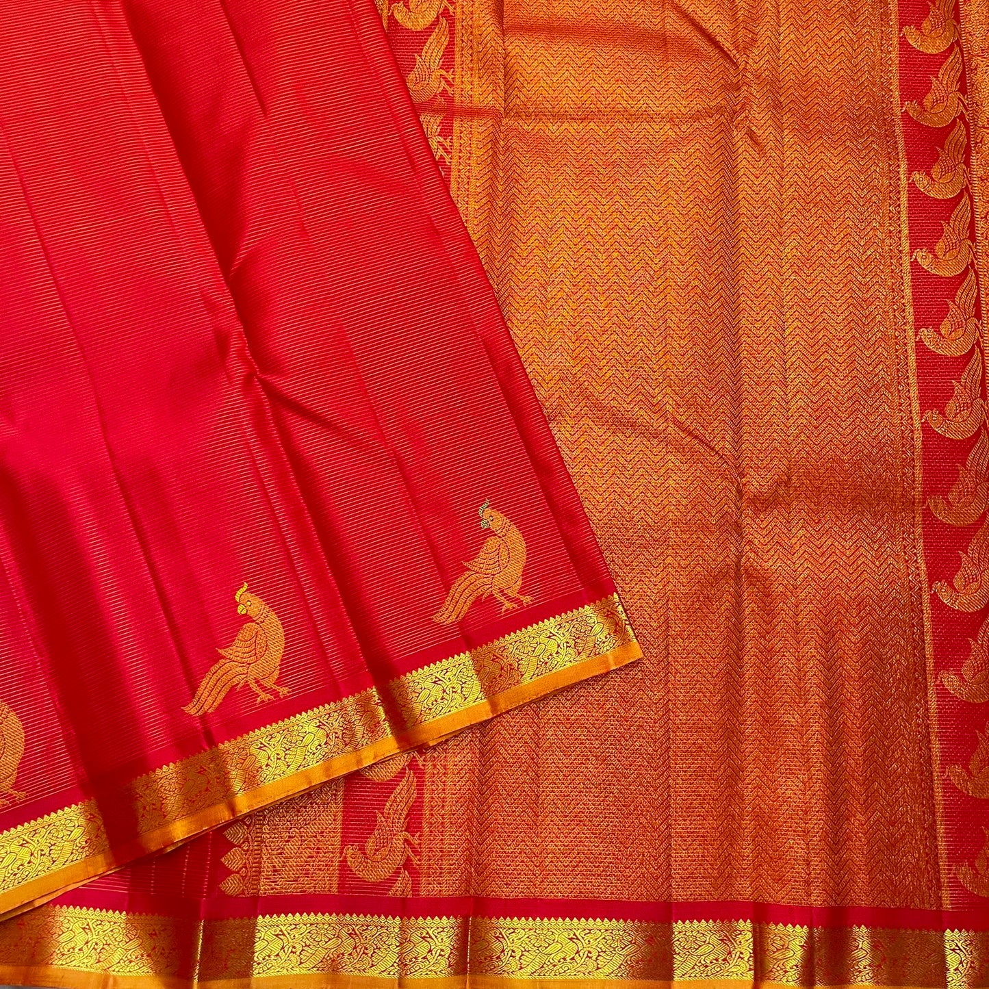 Handwoven Vairaoosi Kancheepuram saree in vermilion red, full view