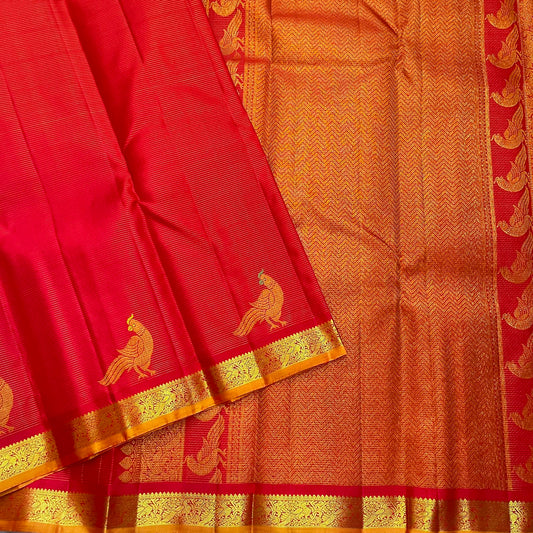 Handwoven Vairaoosi Kancheepuram saree in vermilion red, full view
