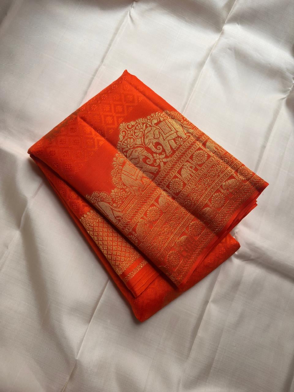 Handwoven vermilion orange Kancheepuram silk saree, Idam Living