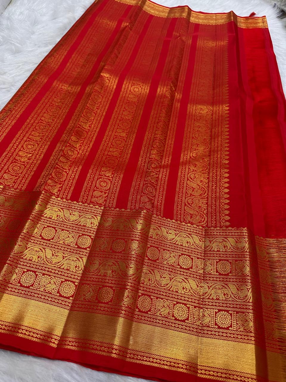 Vermilion Red Handwoven Pure Silk Kanchi Pattu Saree with Varisaipet Weave and Grand Antique Gold Zari Border