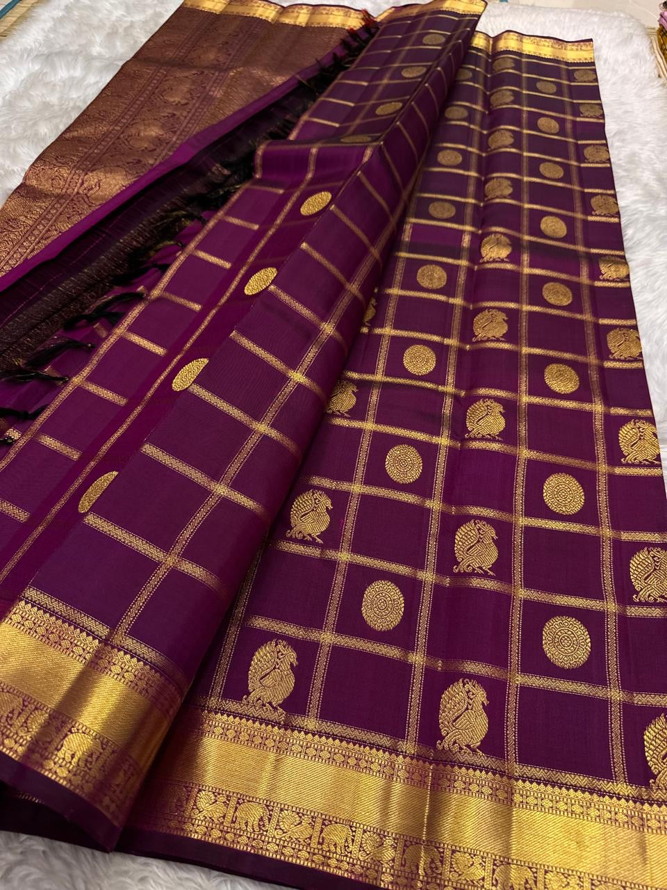 Royal Purple Handwoven Pure Silk Kanchipuram Saree with Zari Kattam Border