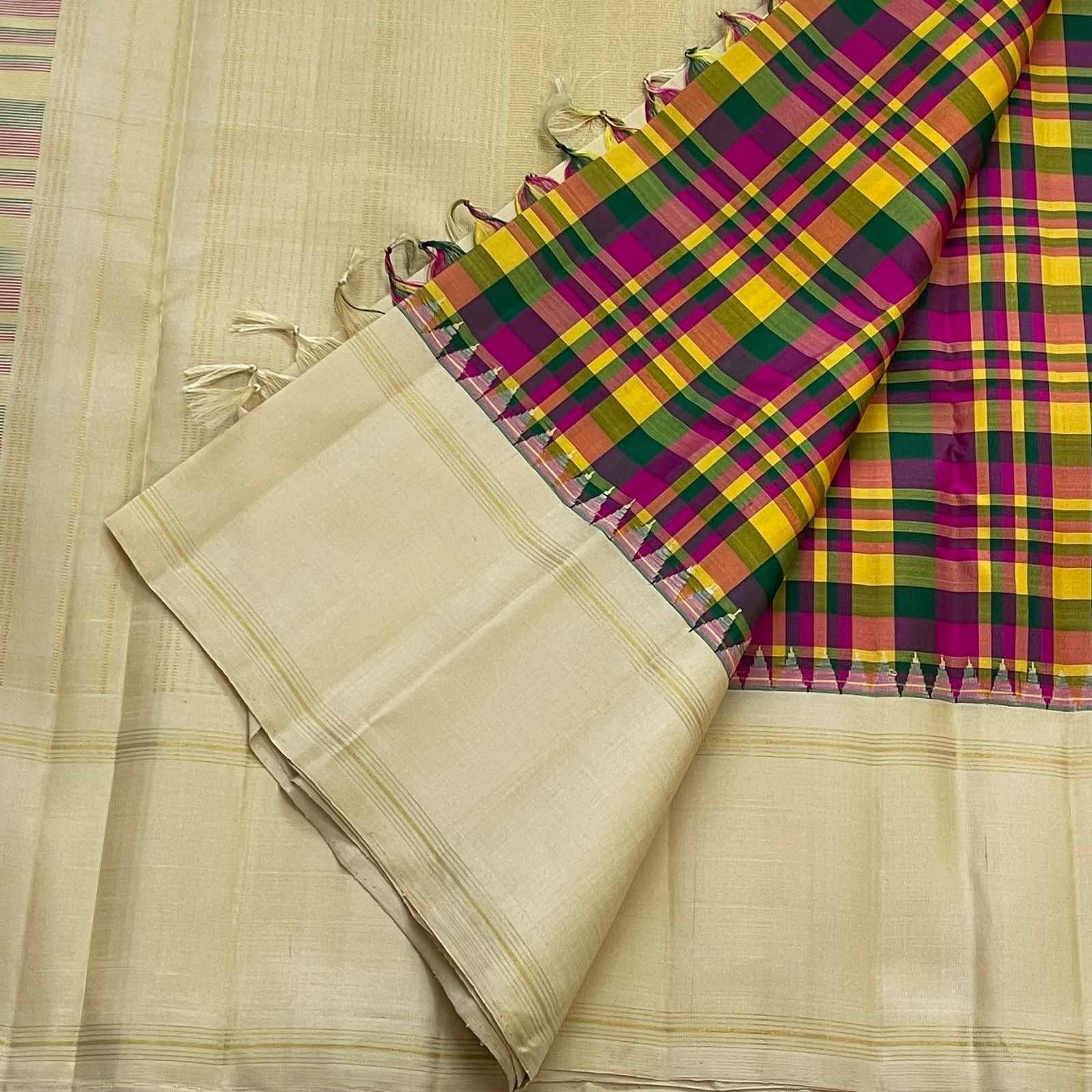 Heirloom ivory cream Kanjivaram silk saree with radiant multi tone kattam weave Idam Living