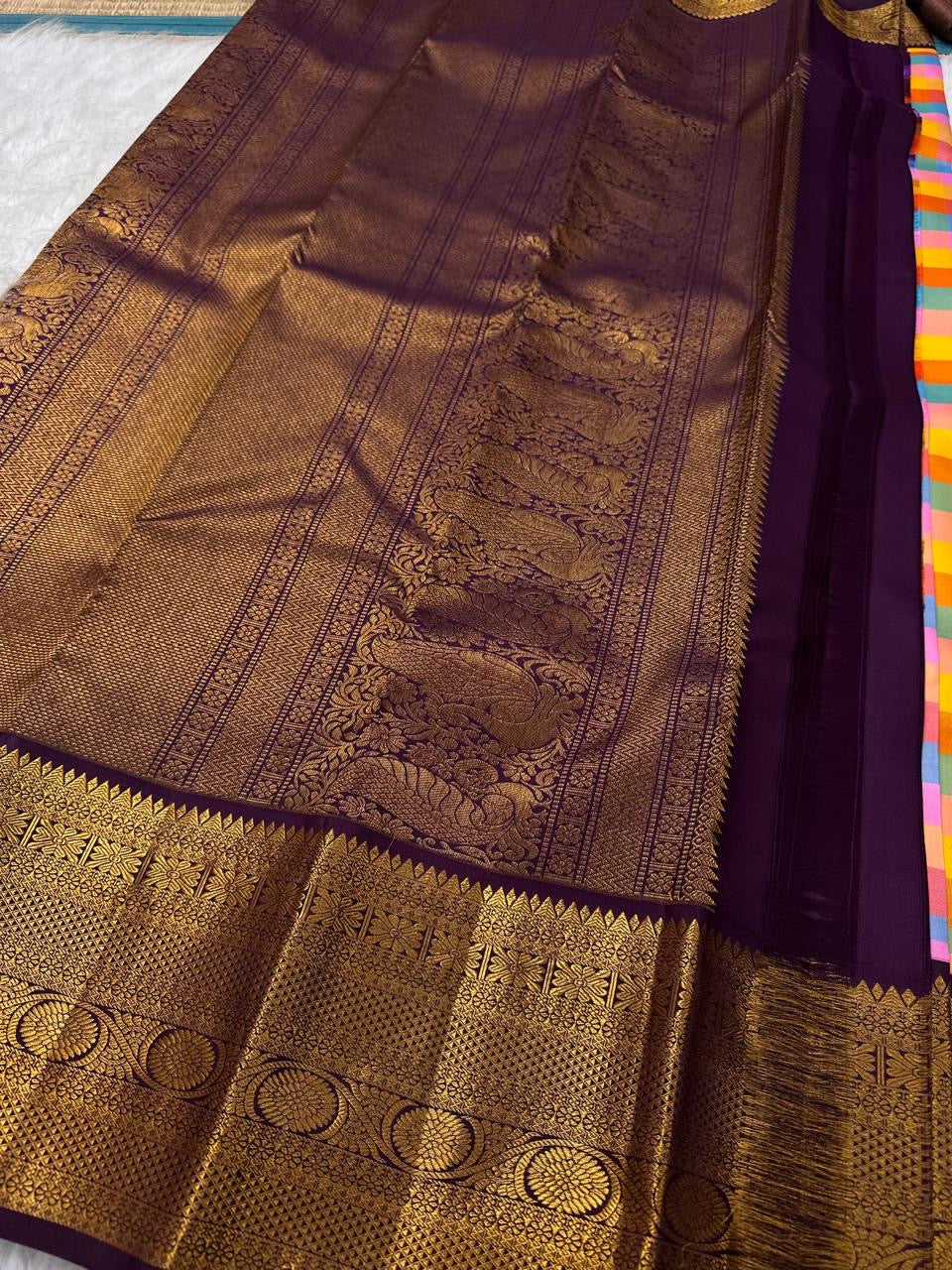 Orange blue lavender and marigold check pattern in pure silk | Kanjipuram pure silk saree.