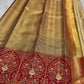 Sandalwood ivory handwoven pure silk Banarasi-Kanchipuram fusion saree with champagne-gold zari and vermilion-red floral urn and bird border
