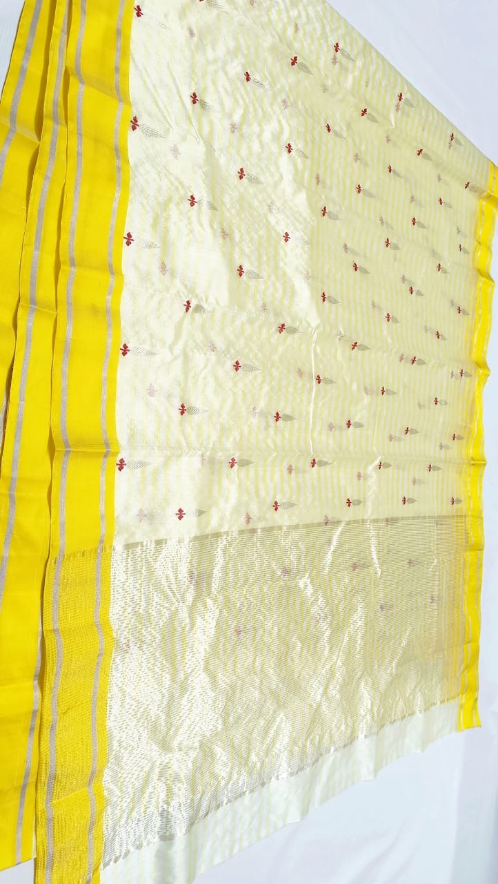 Moonlit ivory Chanderi Pattu Silk saree with marigold yellow striped borders, delicate red floral motifs and luminous pallu.