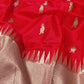 Close-up of golden Minakari parrot buttas on hibiscus red Chanderi saree body