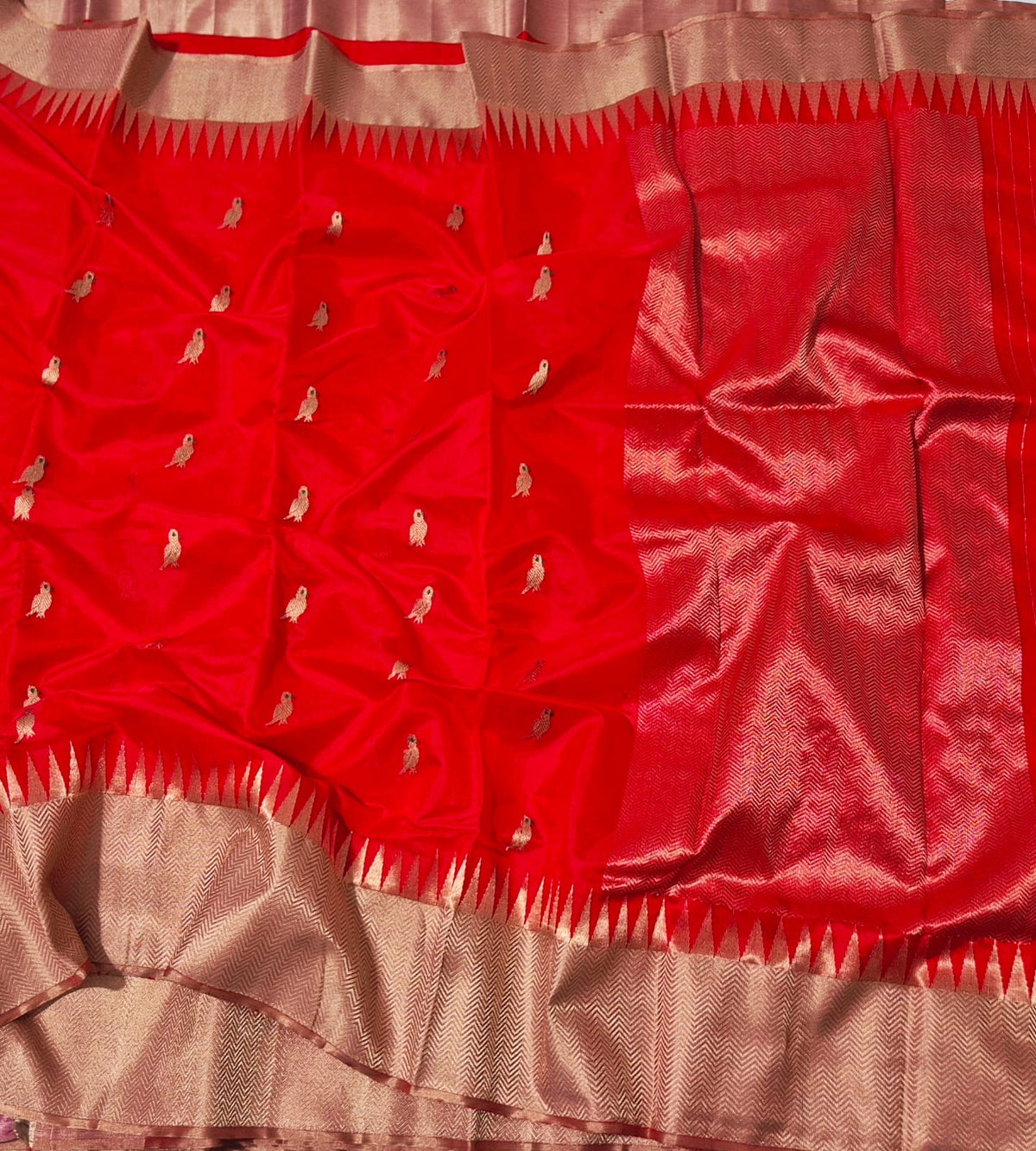 Hibiscus red handwoven Pattu Silk Chanderi saree with golden parrot buttas