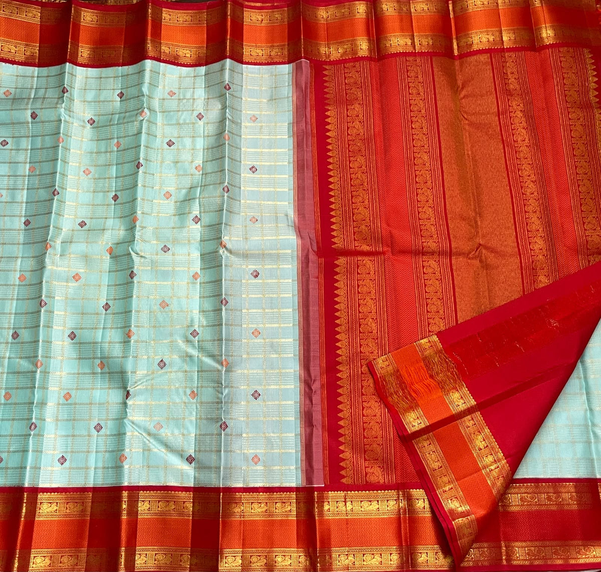 Ice Blue checks Kanchipuram silk saree Zari Kattam weave