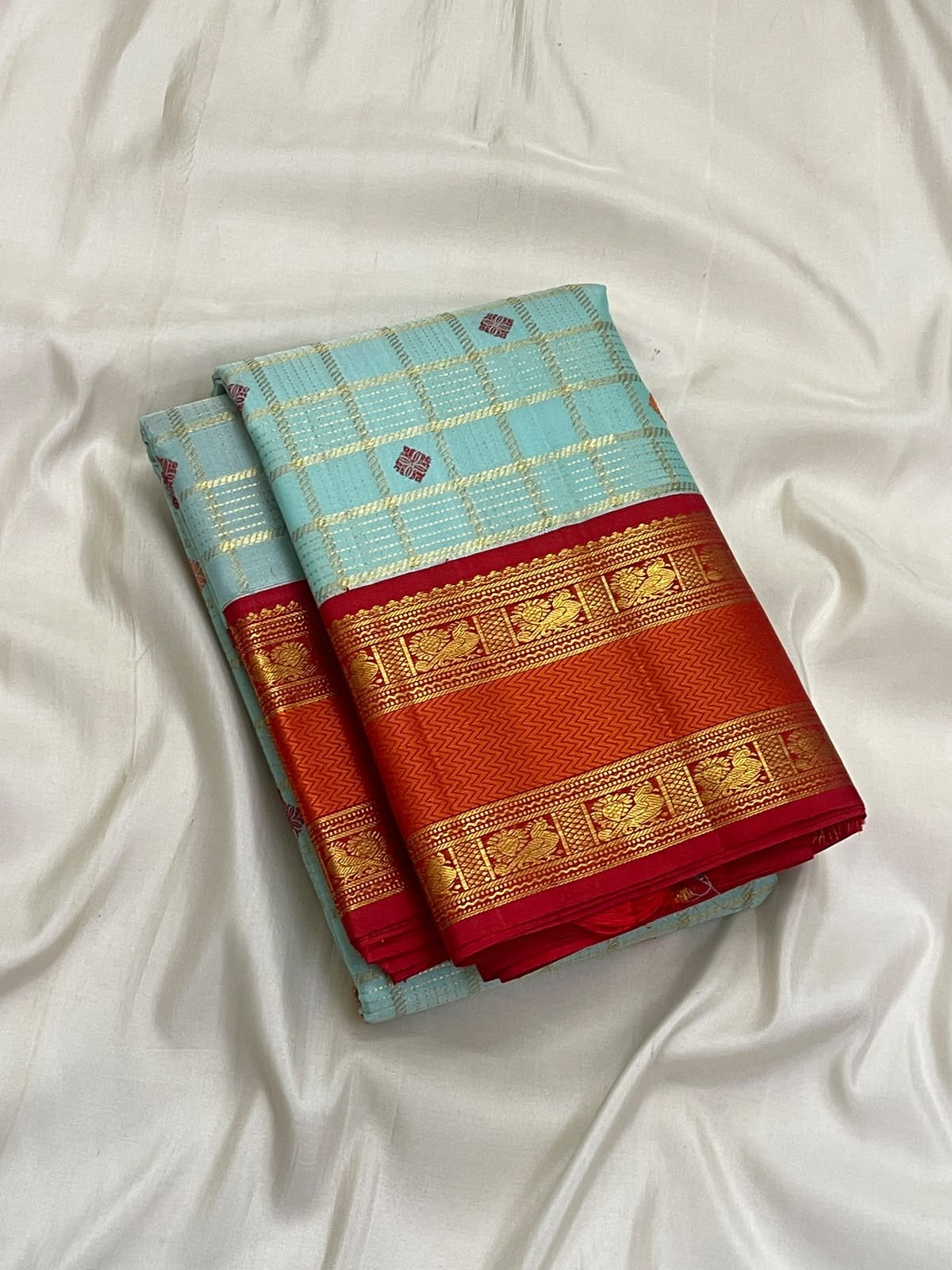 Ice Blue Zari Kattam Kanjivaram silk saree full view