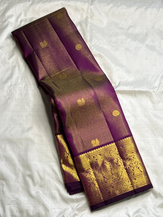 Aubergine Purple Handwoven Pure Silk Kanchipuram Saree with Vairaoosi Grand Gold Zari Border