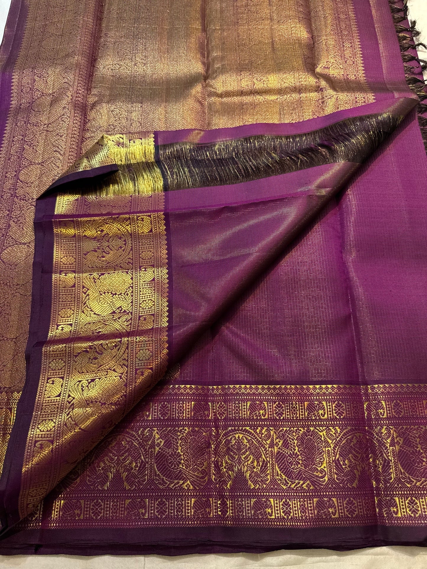 Aubergine Purple Handwoven Pure Silk Kanchipuram Saree with Vairaoosi Grand Gold Zari Border