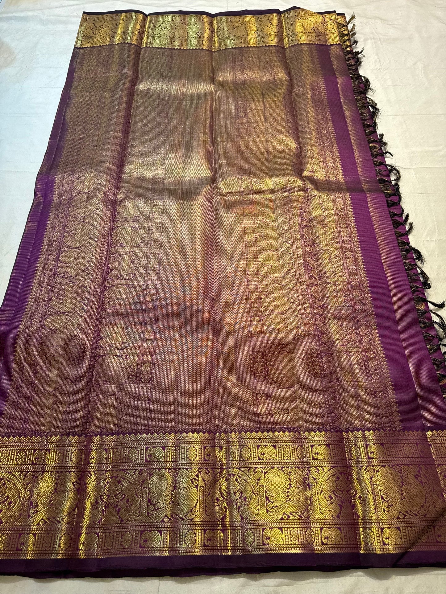 Aubergine Purple Handwoven Pure Silk Kanchipuram Saree with Vairaoosi Grand Gold Zari Border