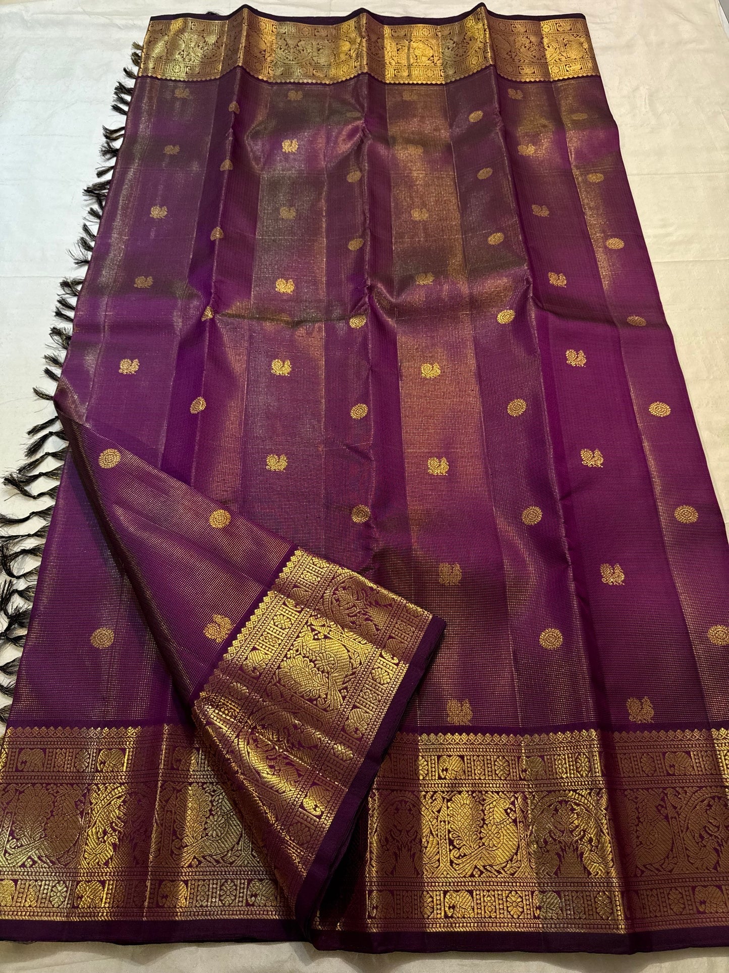 Aubergine Purple Handwoven Pure Silk Kanchipuram Saree with Vairaoosi Grand Gold Zari Border