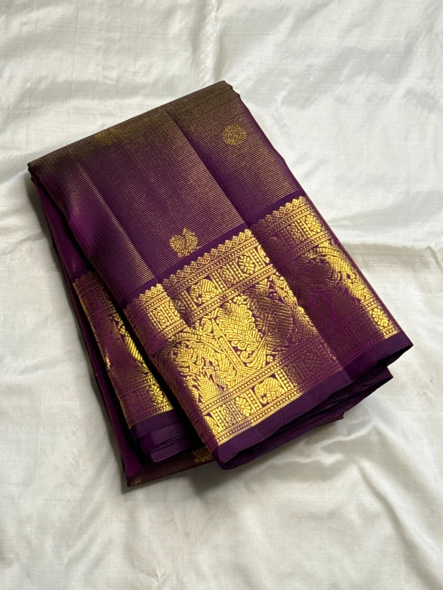 Aubergine Purple Handwoven Pure Silk Kanchipuram Saree with Vairaoosi Grand Gold Zari Border