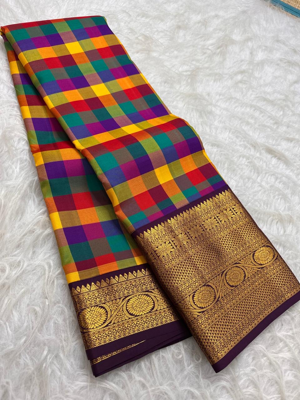 Festival Jewel Checks Handwoven Pure Silk Kanchipuram Kanchi Kattam Saree with Peacock Border – view 1
