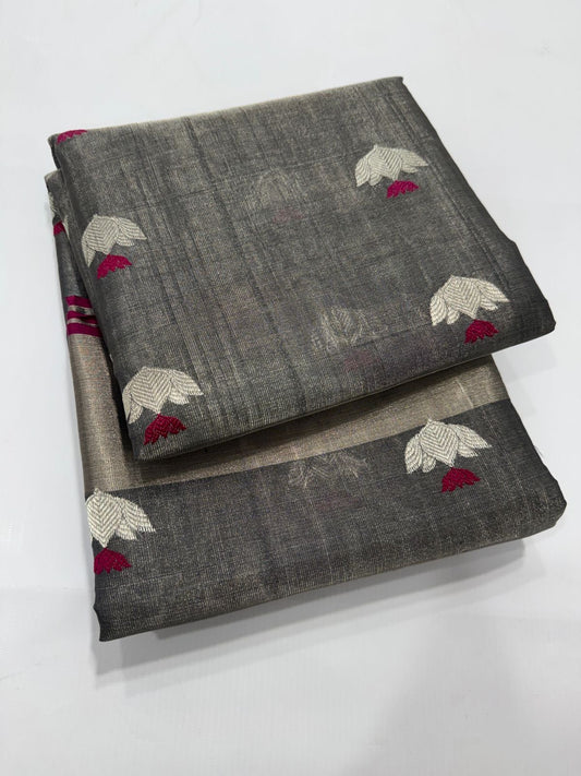 Folded view of Charcoal Silk Pure Silk Chanderi Saree with Antique Gold Border