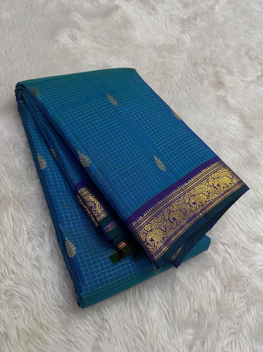 Handwoven blue pure silk Kanchipuram saree with zari kattam grid design