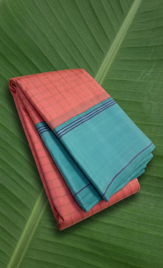 Blush Rose and Aqua Blue Handwoven Pure Silk Kanchipuram Saree with Zari Kattam Checks