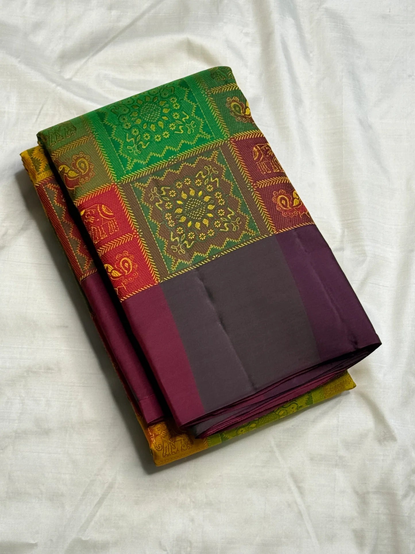 Bomkai motif panel detail on handwoven Kanchi pure silk saree in forest green Idam Living