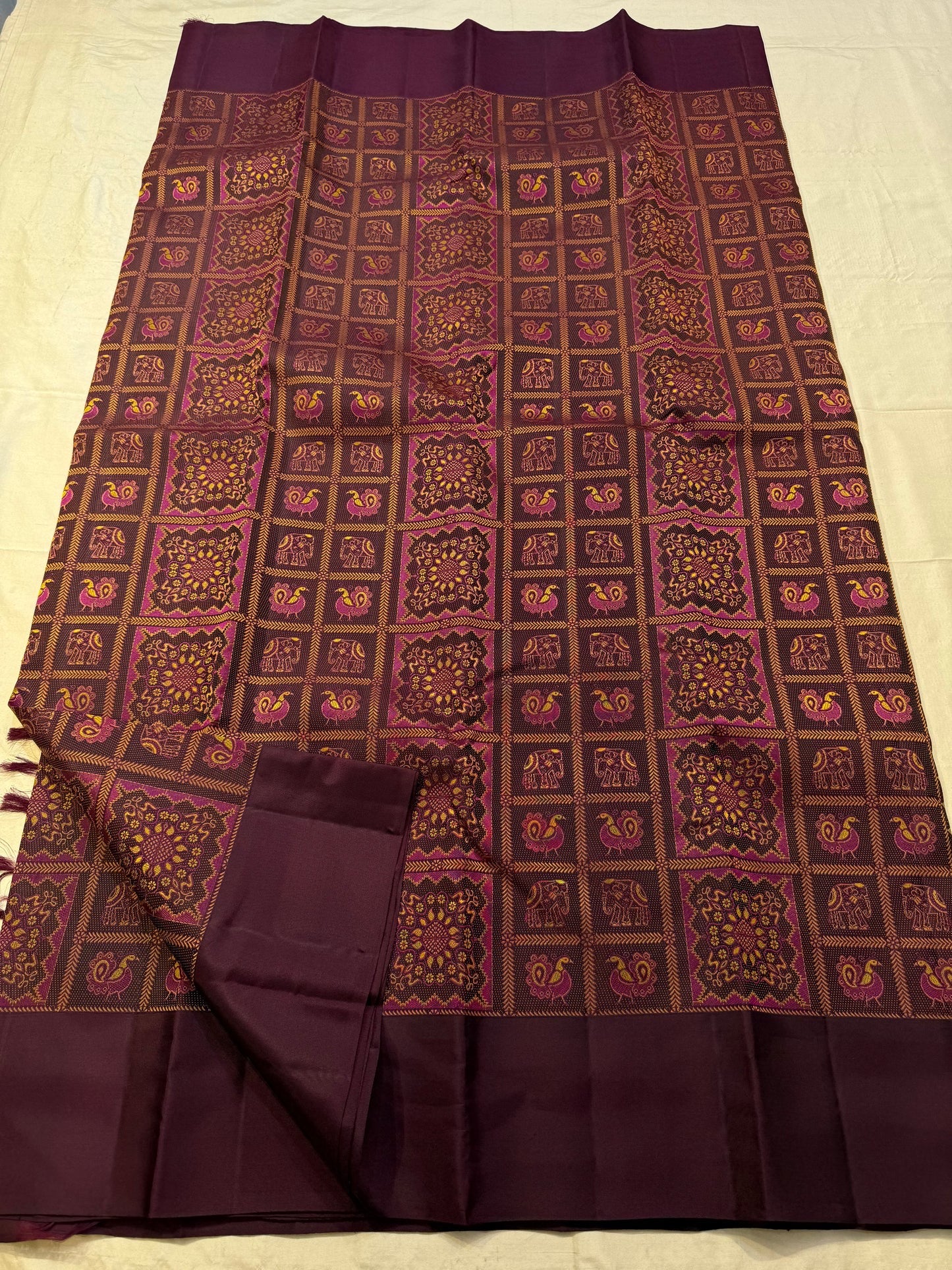 Bomkai motif panel detail on deep chocolate Kanjivaram pure silk saree Idam Living