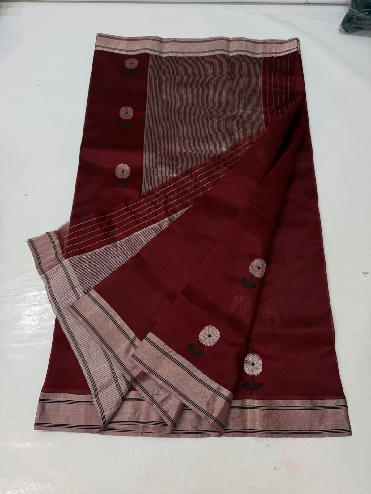 Pleats detail of Deep Burgundy Pure Silk Chanderi Saree
