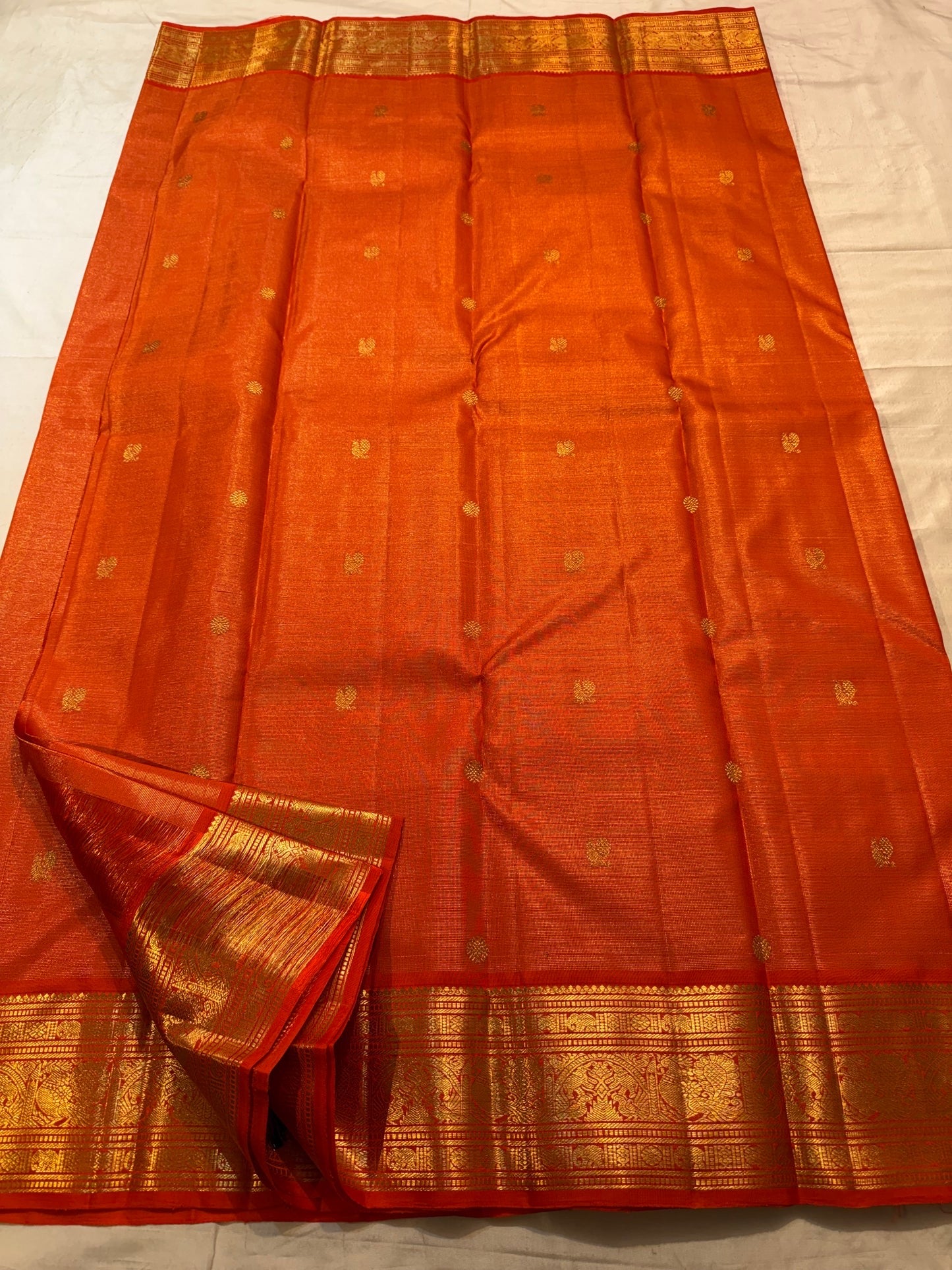 Burnished orange Vairaoosi Pure Kanjivaram silk saree pallu detail