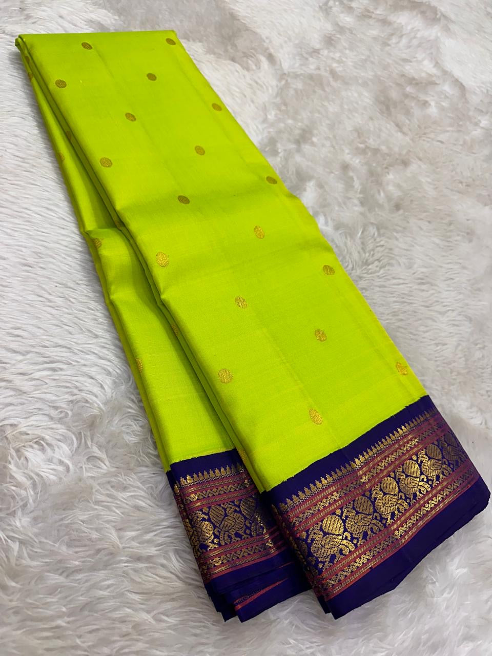Lime Chartreuse Green and Royal Indigo Blue Handwoven Pure Silk Kanchipuram Saree with Korvai Adai Peacock Border