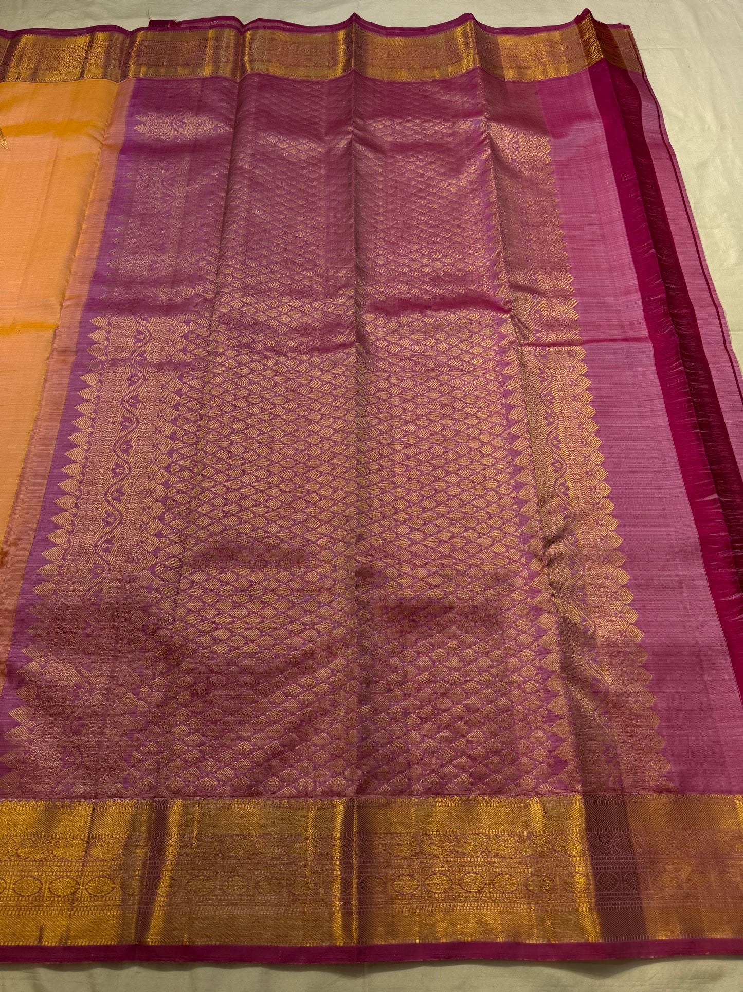 Kuruvi butta detail on peach apricot Kanchipattu silk saree – Idam Living